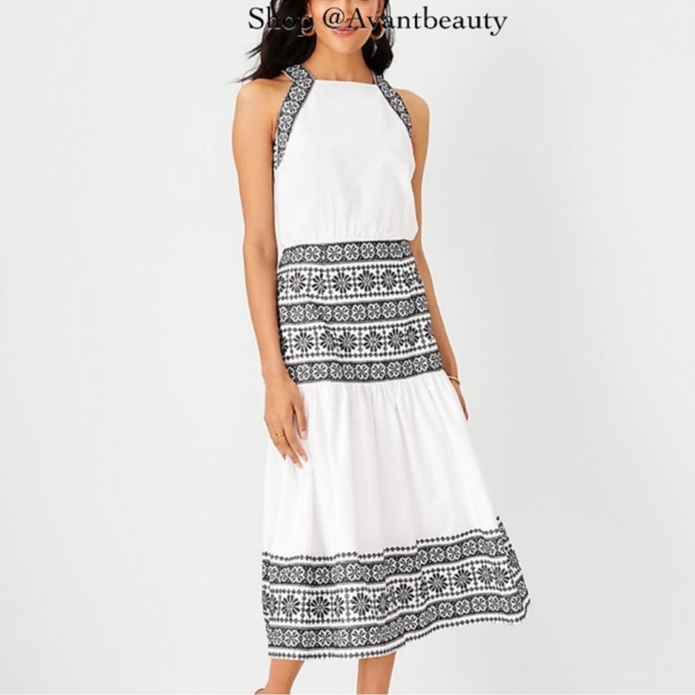 NWT Ann Taylor Embroidered Halter Maxi Dress White & Black size 0P